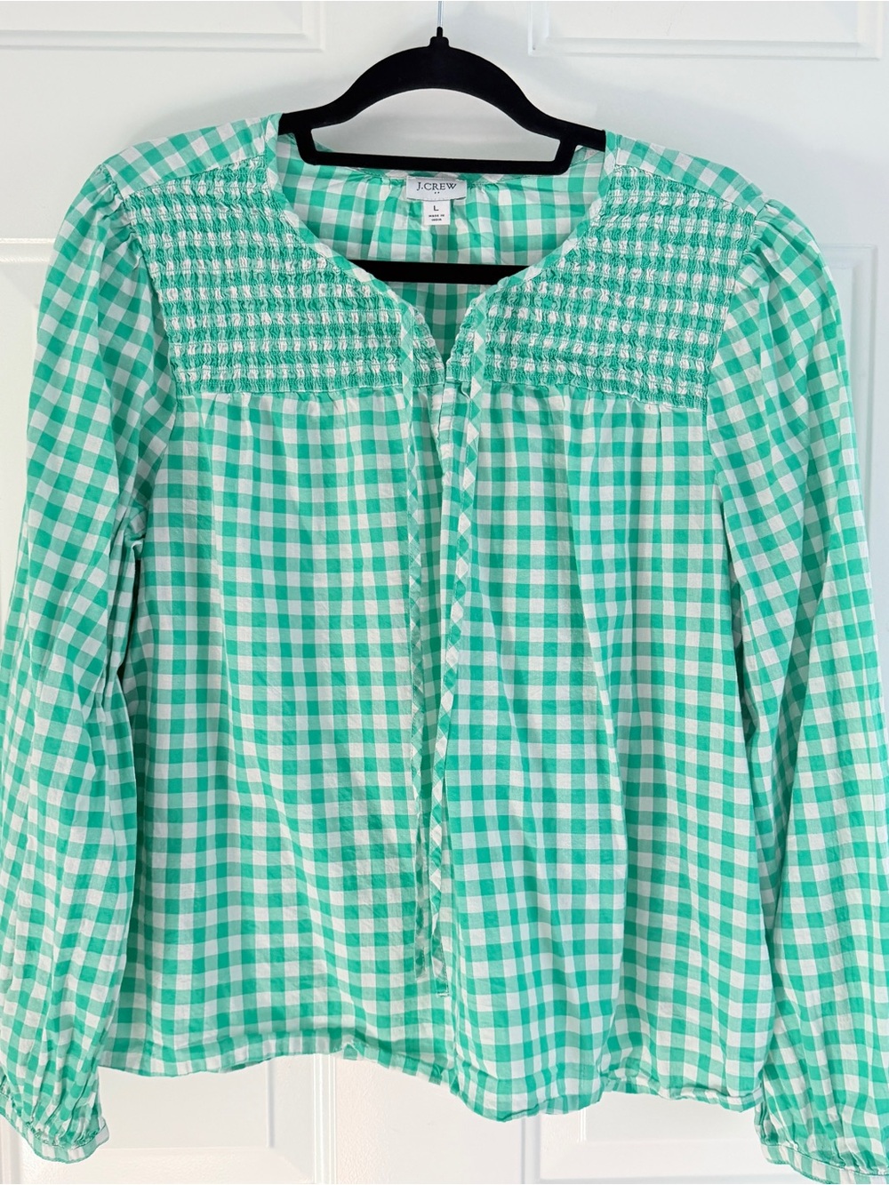J. Crew Green Gingham Smocked Long-Sleeve Blouse Large